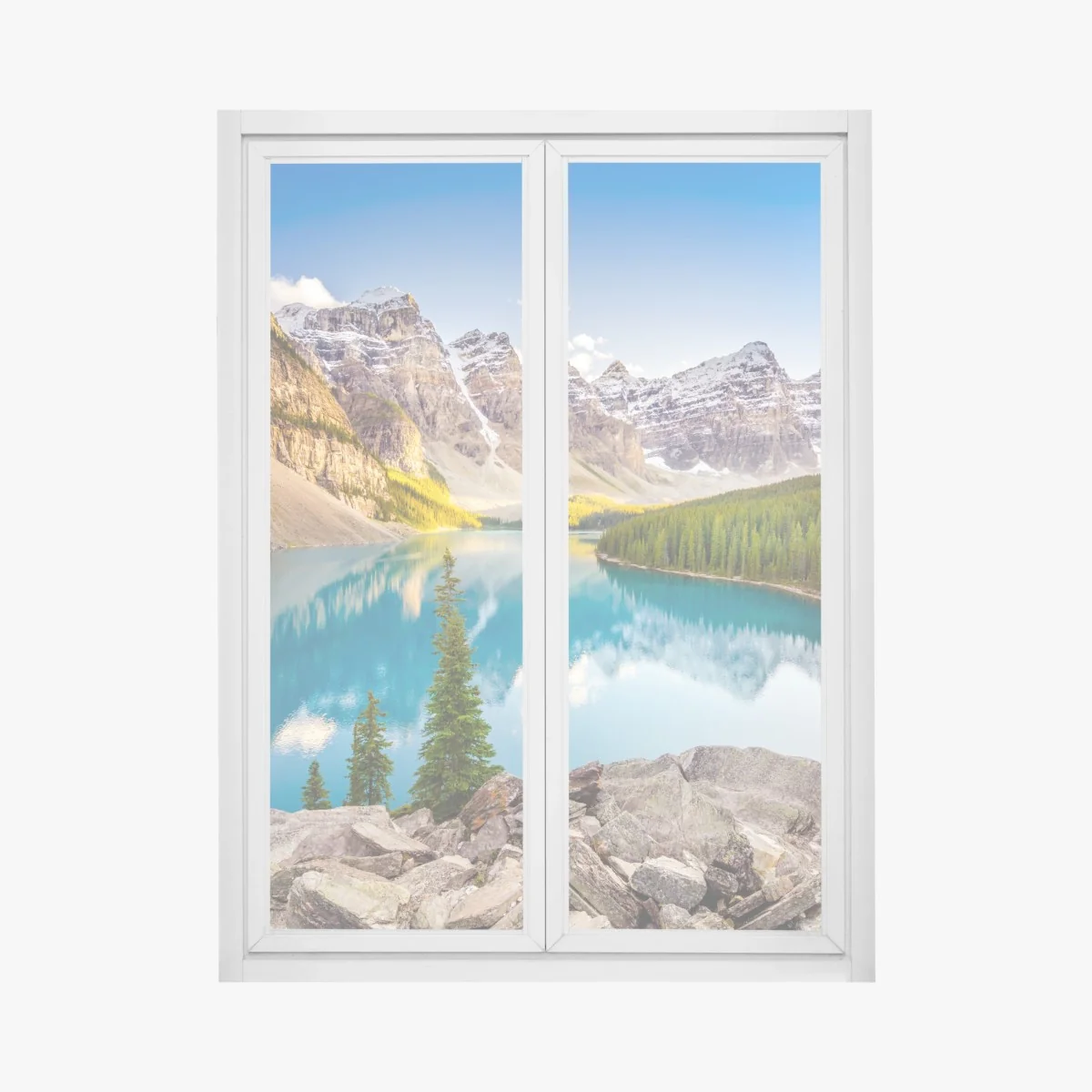Fensteraufkleber sonnenbeschienenes Moraine Lake bergpanorama – Wallnifity®