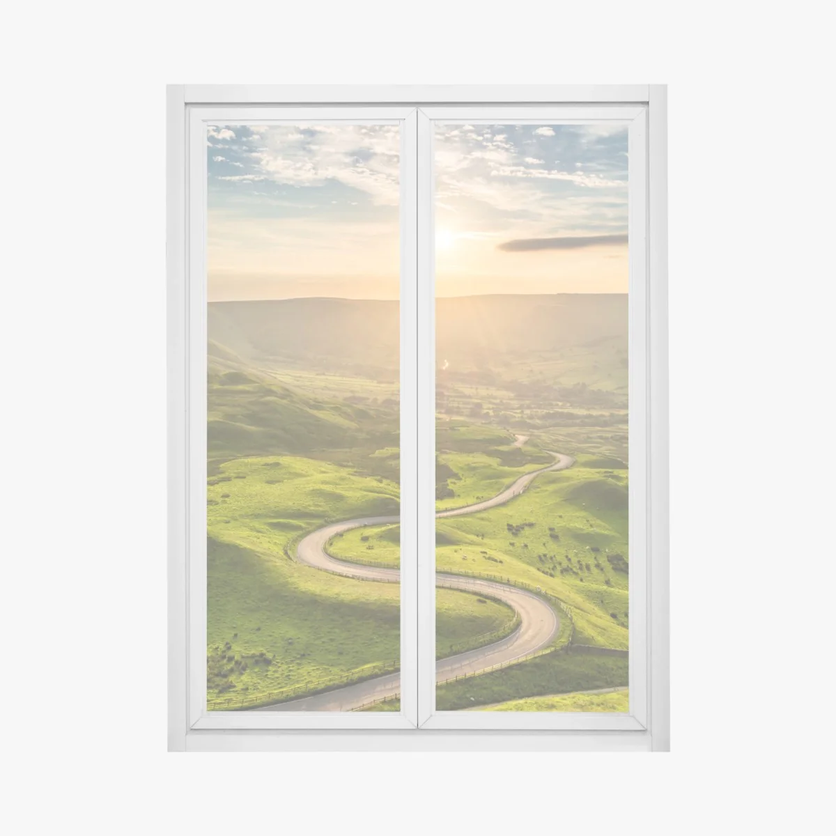 Fensteraufkleber goldener sonnenuntergang über einer geschwungenen landstraße – Wallnifity® Fensteraufkleber goldener sonnenuntergang über einer geschwungenen landstraße – Wallnifity®