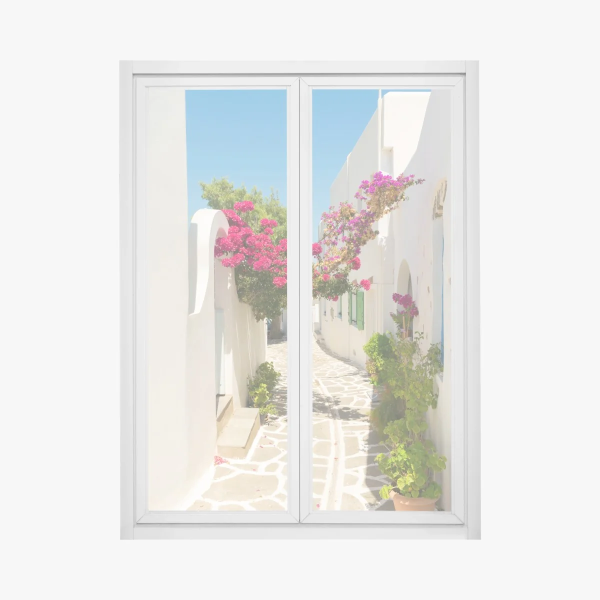 Fensteraufkleber sonnige mediterrane gasse mit bougainvillea – Wallnifity® Fensteraufkleber sonnige mediterrane gasse mit bougainvillea – Wallnifity®