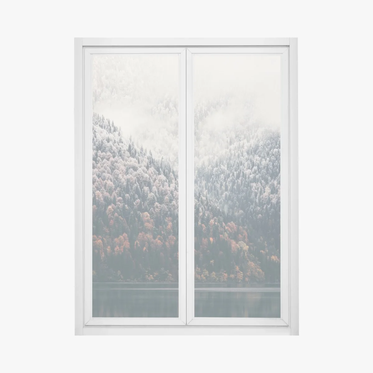 Fensteraufkleber herbstlicher nebel über bergwald – Wallnifity® Fensteraufkleber herbstlicher nebel über bergwald – Wallnifity®