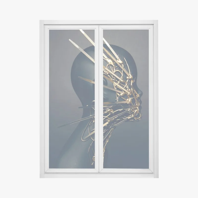 Fensteraufkleber goldene drahtskulptur auf schwarzer büste