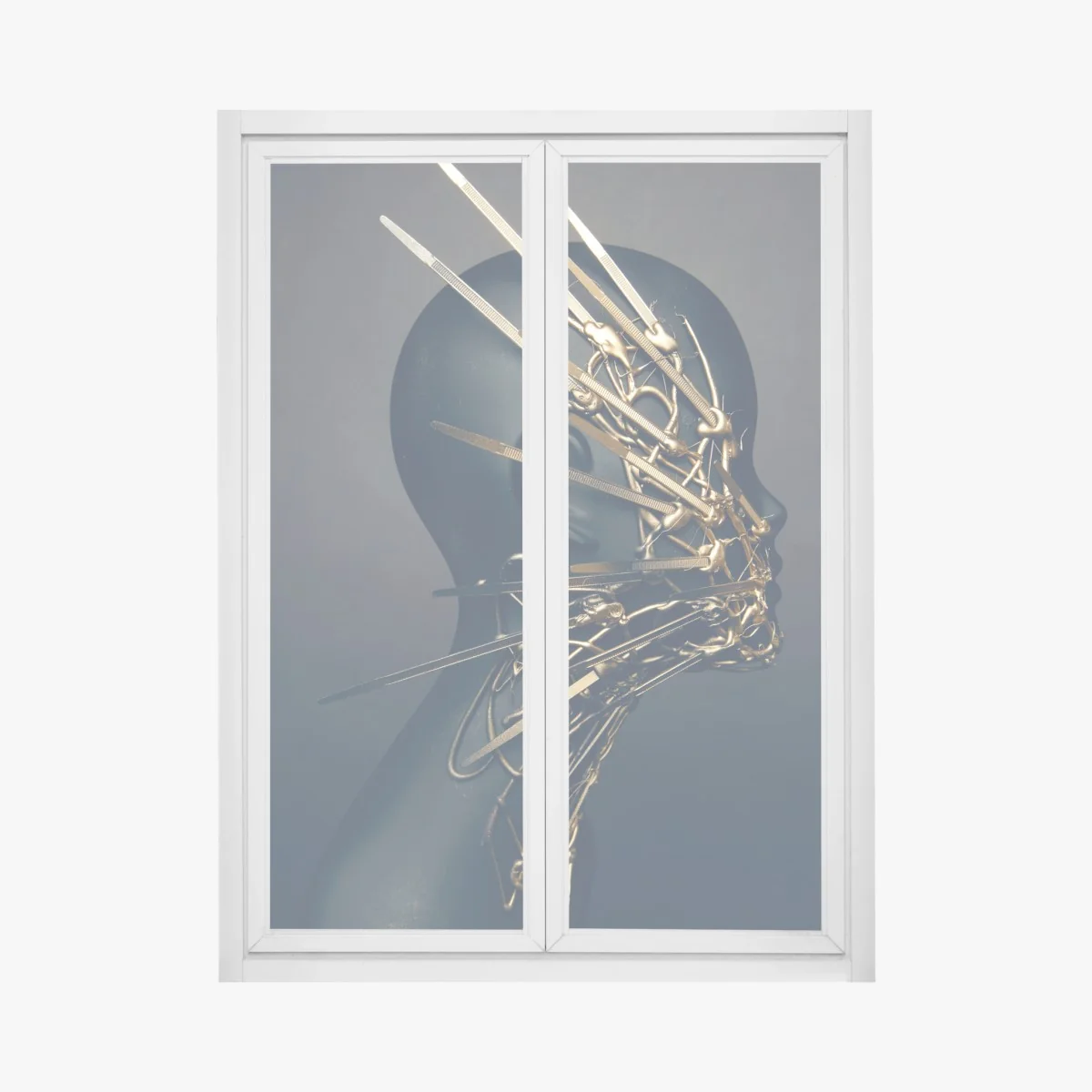 Fensteraufkleber goldene drahtskulptur auf schwarzer büste – Wallnifity® Fensteraufkleber goldene drahtskulptur auf schwarzer büste – Wallnifity®