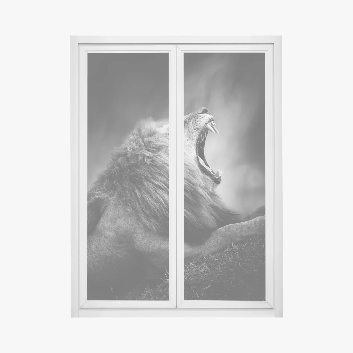 Fensteraufkleber majestätischer brüllender löwe in monochrom – Wallnifity® Fensteraufkleber majestätischer brüllender löwe in monochrom – Wallnifity®