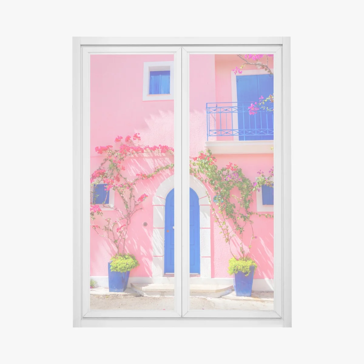 Fensteraufkleber leuchtende rosa fassade mit blauer tür – Wallnifity® Fensteraufkleber leuchtende rosa fassade mit blauer tür – Wallnifity®
