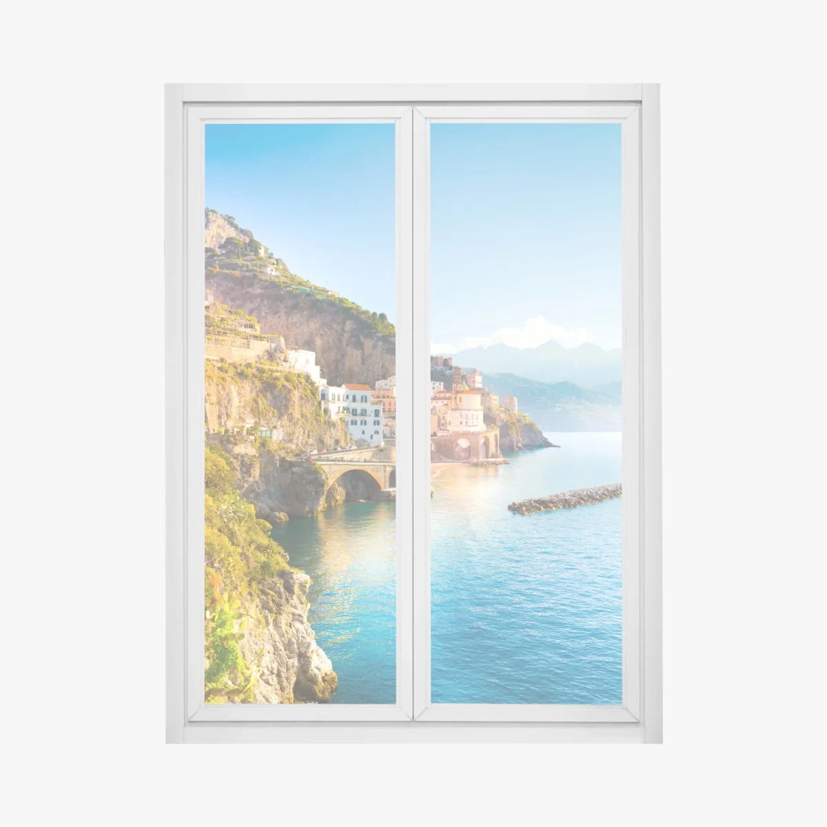 Fensteraufkleber sonniges küstendorf am klippenrand – Wallnifity® Fensteraufkleber sonniges küstendorf am klippenrand – Wallnifity®