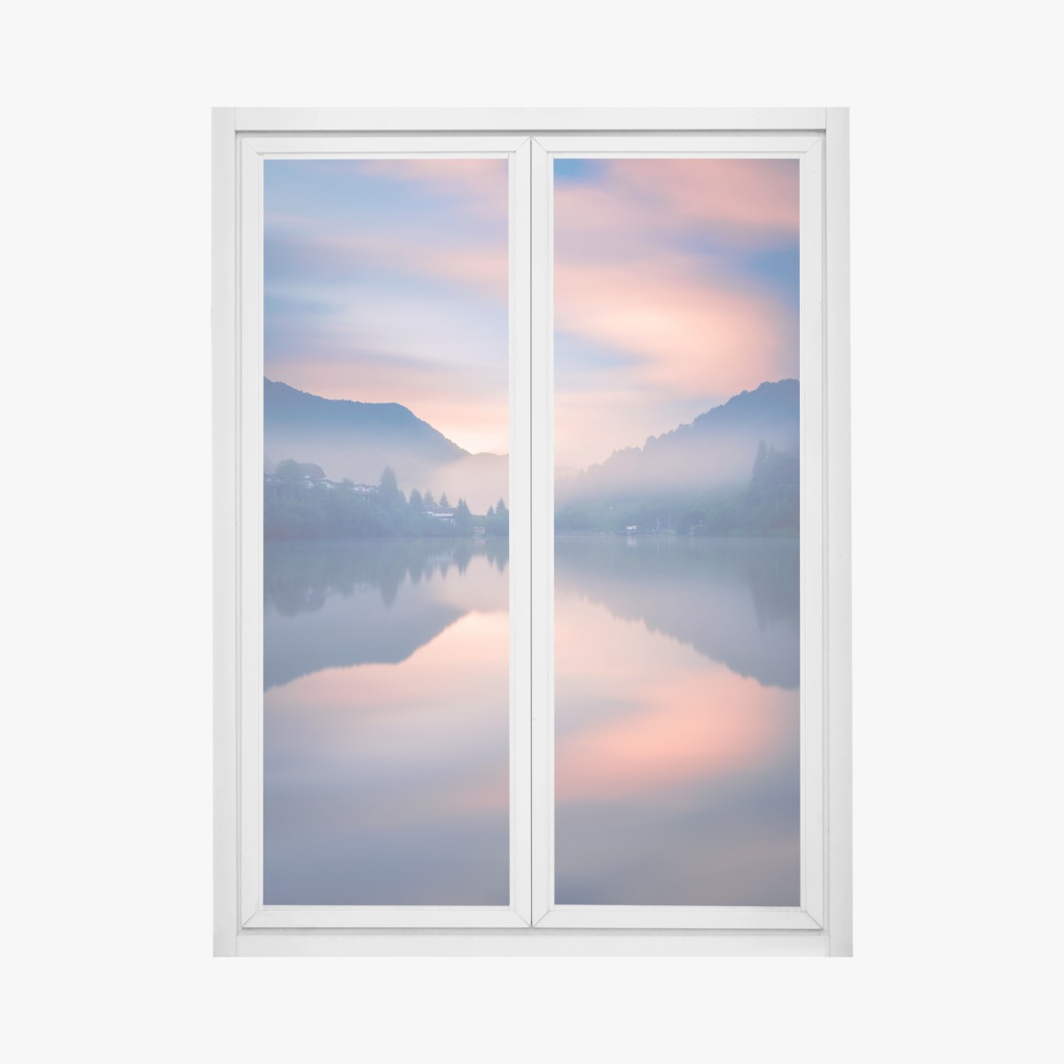 Fensteraufkleber nebeliger bergsee bei dämmerung – Wallnifity®