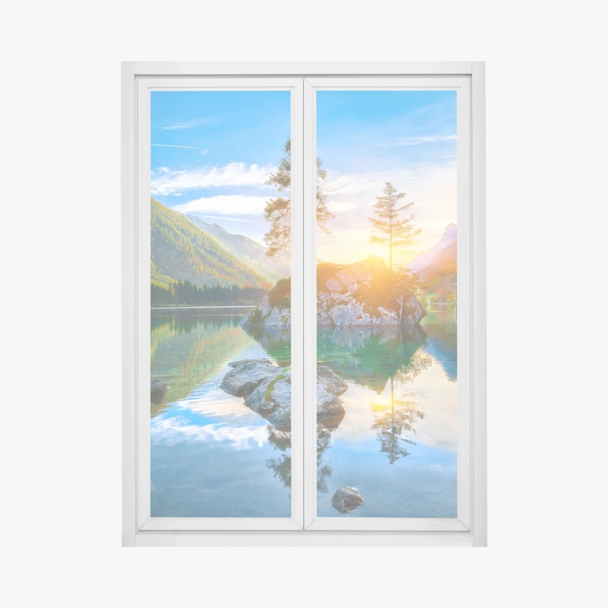 Fensteraufkleber sonnenuntergang über Hintersee felseninsel – Wallnifity® Fensteraufkleber sonnenuntergang über Hintersee felseninsel – Wallnifity®