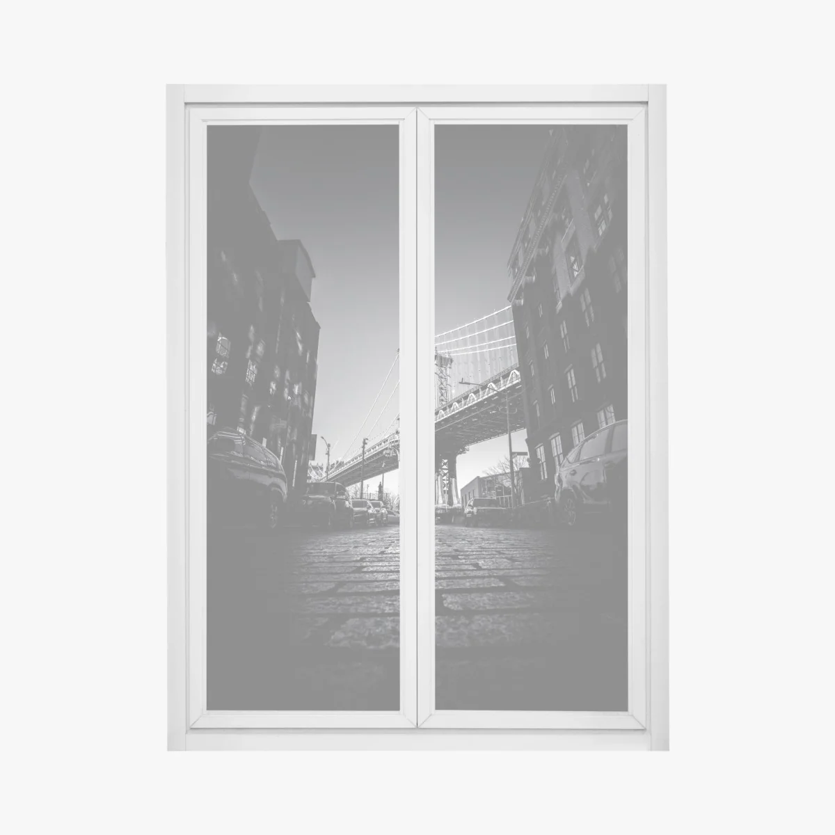 Fensteraufkleber Manhattan brücke perspektive über kopfsteinpflaster – Wallnifity® Fensteraufkleber Manhattan brücke perspektive über kopfsteinpflaster – Wallnifity®