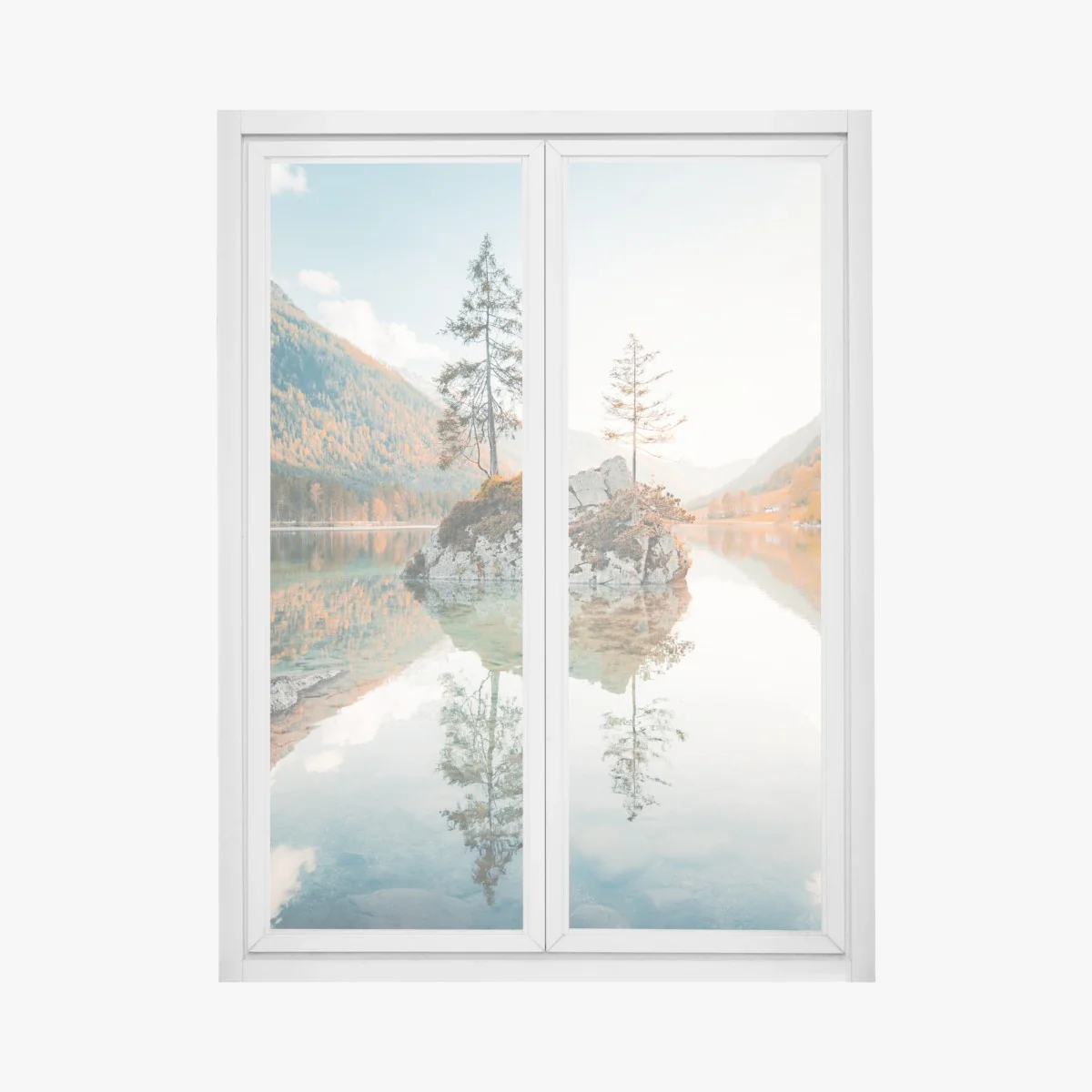 Fensteraufkleber sonnenbeleuchtete felsinsel am Hintersee – Wallnifity® Fensteraufkleber sonnenbeleuchtete felsinsel am Hintersee – Wallnifity®