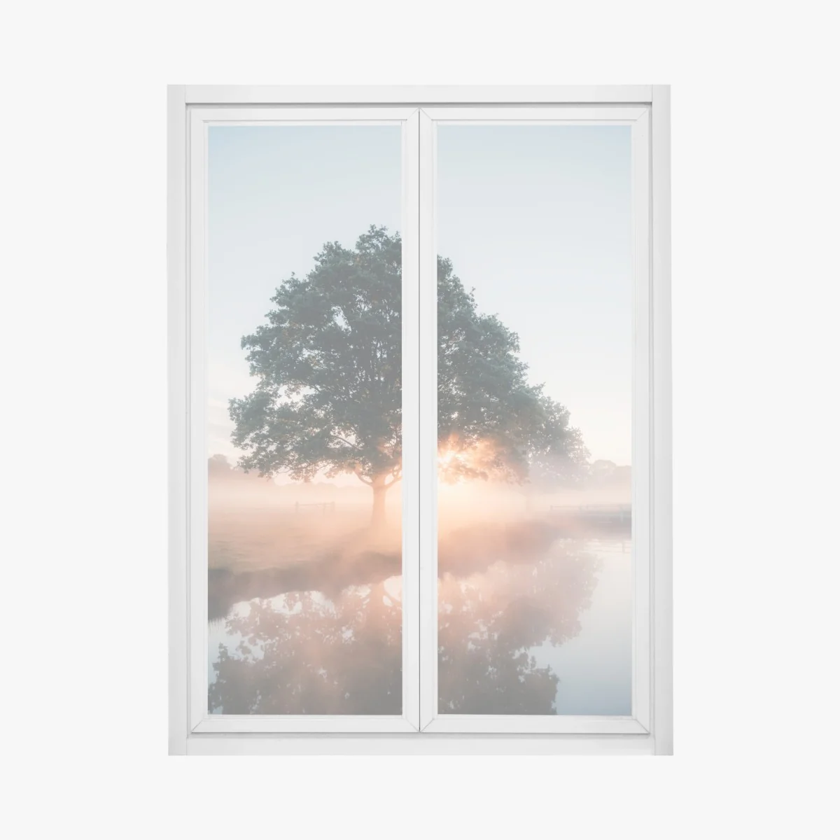 Fensteraufkleber nebeliger sonnenaufgang am eichenbaum – Wallnifity® Fensteraufkleber nebeliger sonnenaufgang am eichenbaum – Wallnifity®