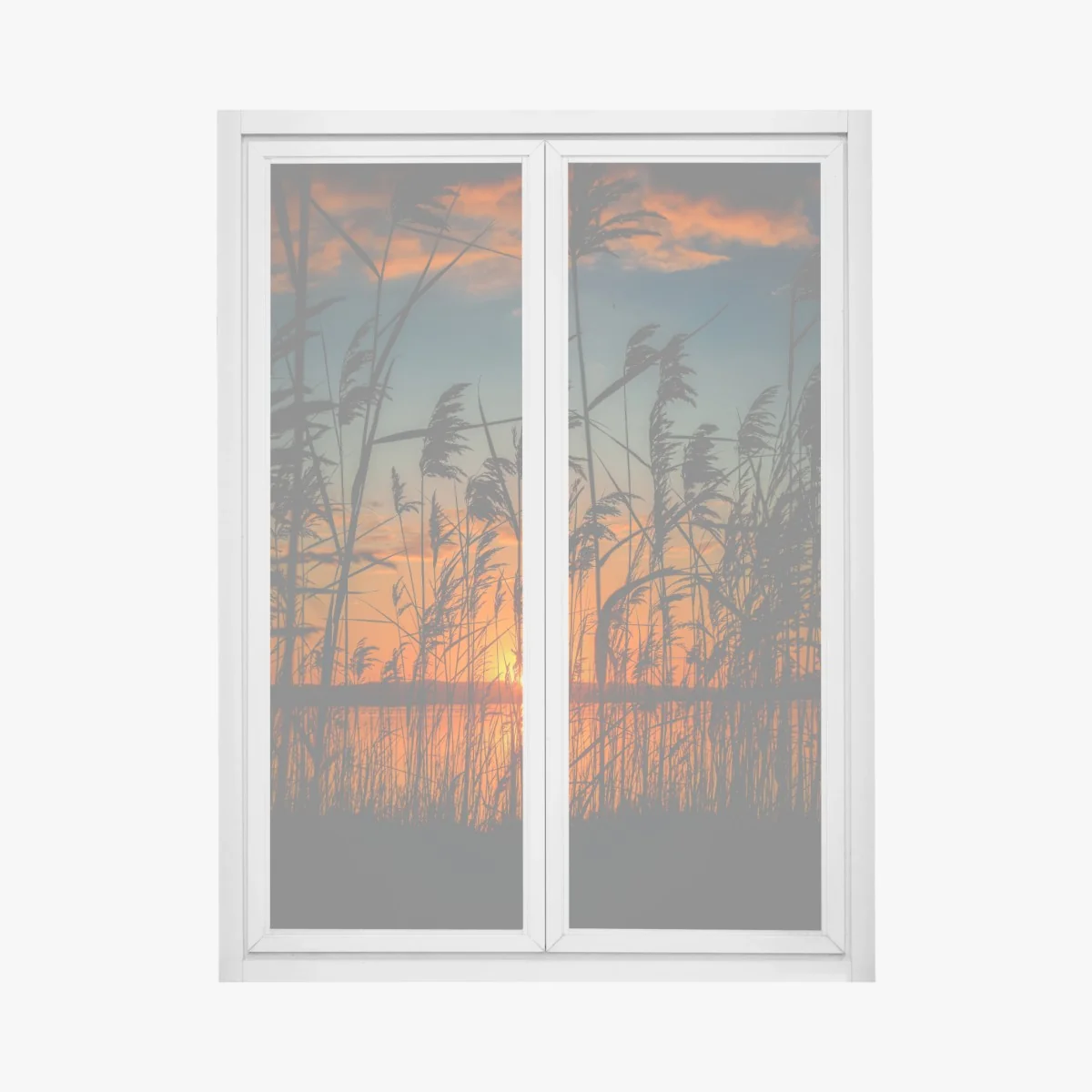 Fensteraufkleber sonnenuntergang am see mit schilf-silhouette – Wallnifity® Fensteraufkleber sonnenuntergang am see mit schilf-silhouette – Wallnifity®
