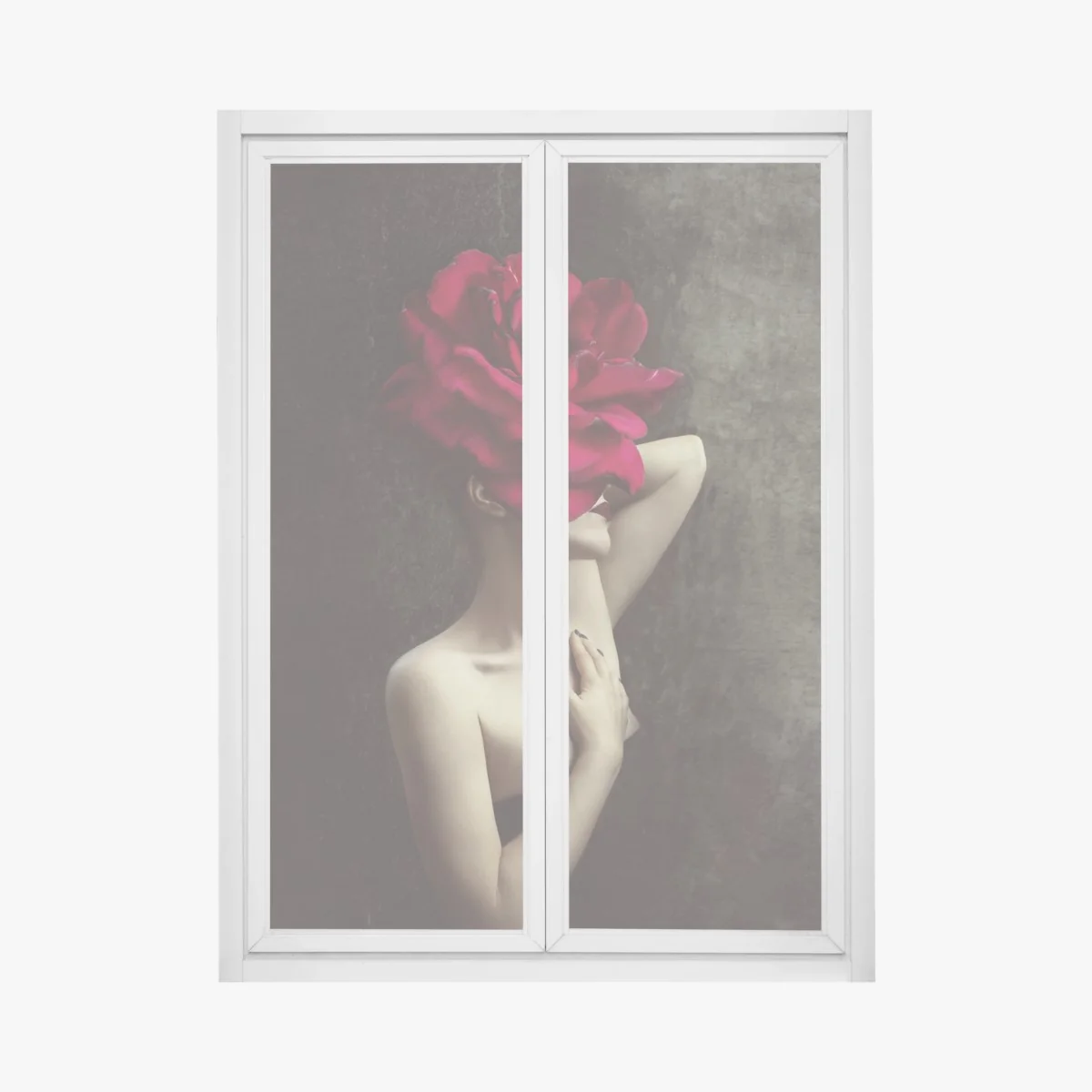 Fensteraufkleber frau mit rosenkopf surreales blumenporträt – Wallnifity®