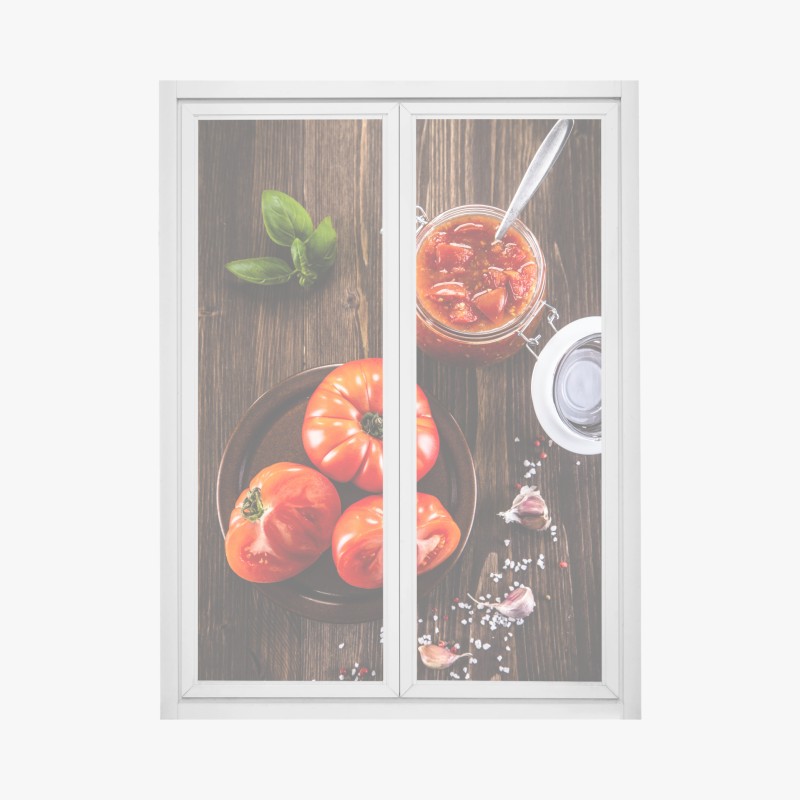 Fensteraufkleber frische tomaten und hausgemachte tomatensauce