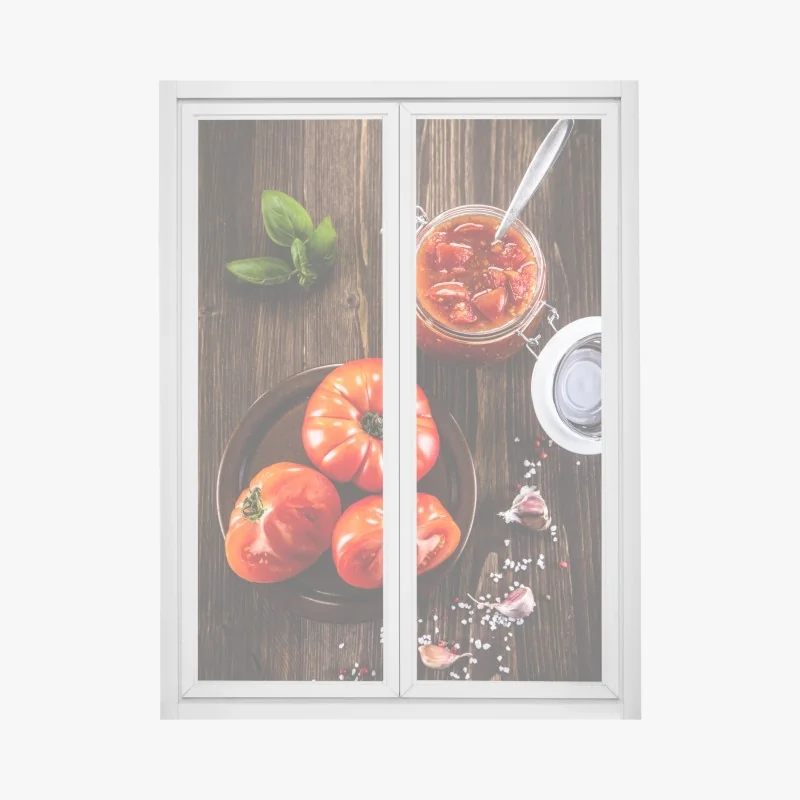 Fensteraufkleber frische tomaten und hausgemachte tomatensauce