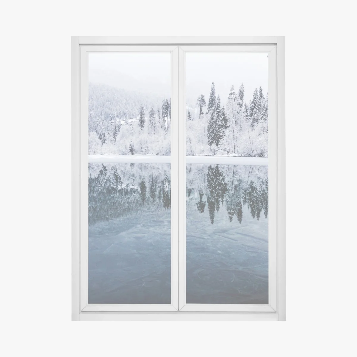 Fensteraufkleber winterlicher see mit spiegelung im verschneiten wald – Wallnifity® Fensteraufkleber winterlicher see mit spiegelung im verschneiten wald – Wallnifity®
