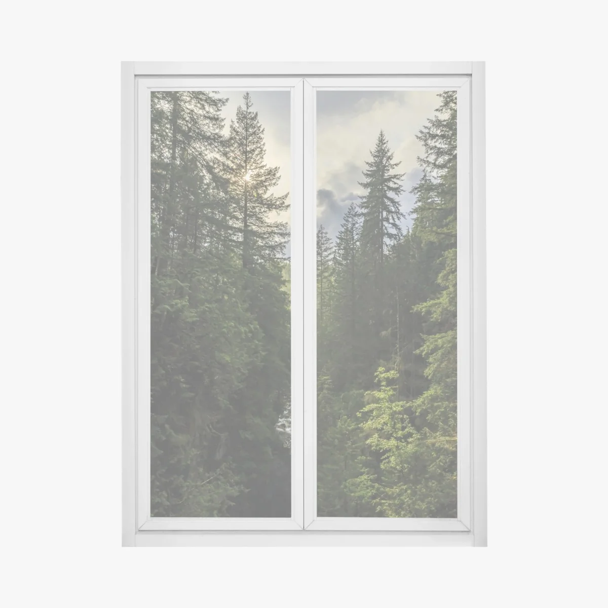 Fensteraufkleber nebliger immergrüner wald mit wasserfall – Wallnifity®