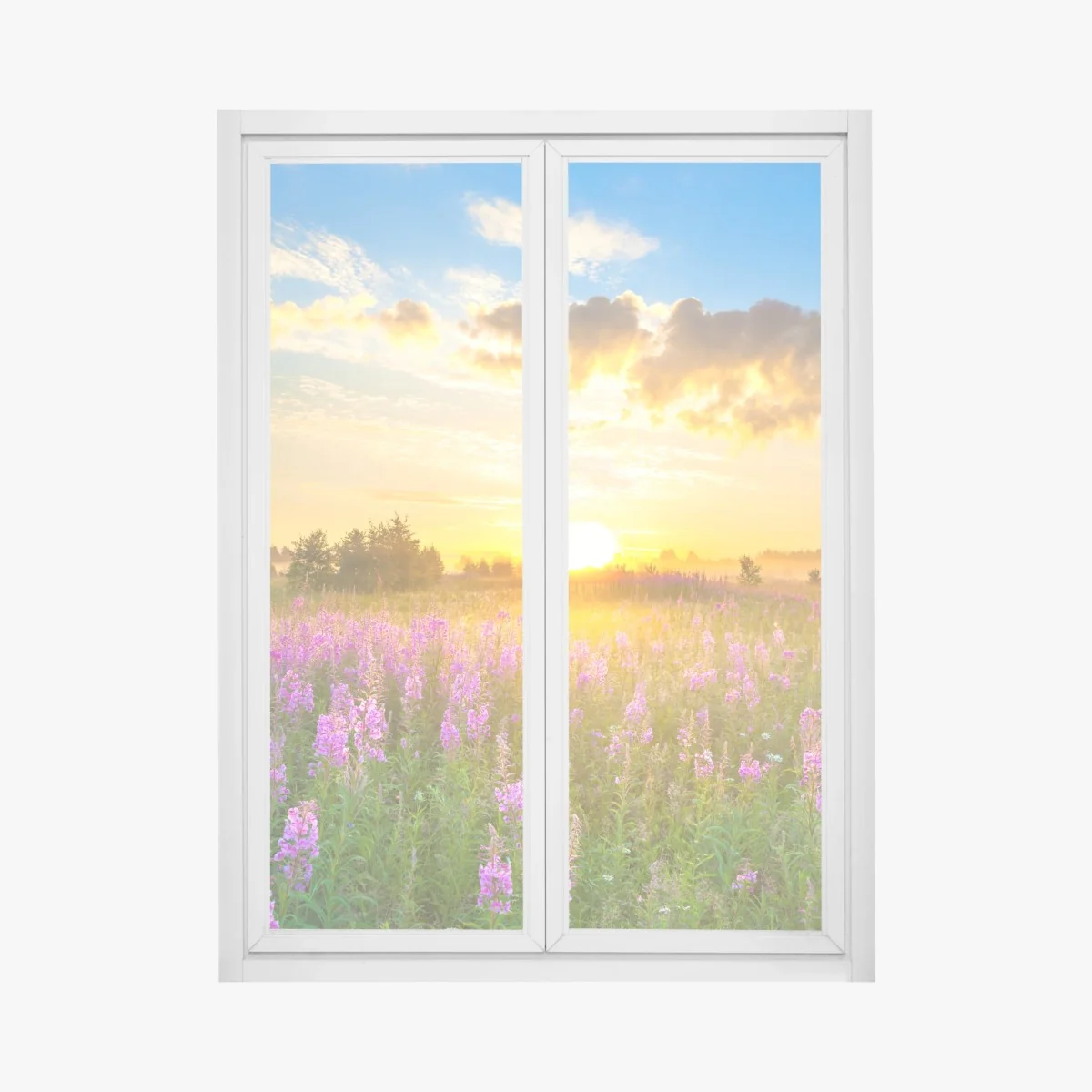 Fensteraufkleber sonnenaufgang über violetter wildblumenwiese – Wallnifity®