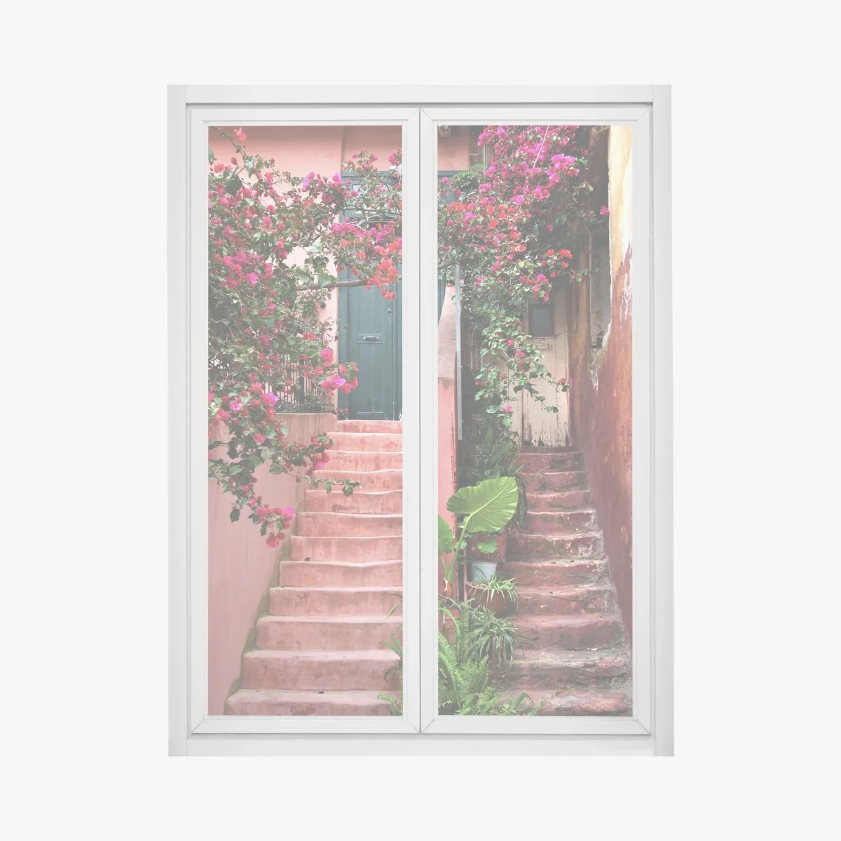 Fensteraufkleber treppe mit bougainvillea und grünen pflanzen – Wallnifity®