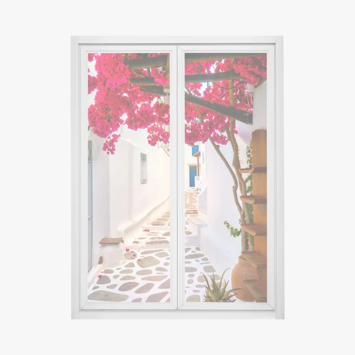 Fensteraufkleber sonnige gasse in Griechenland mit bougainvillea – Wallnifity® Fensteraufkleber sonnige gasse in Griechenland mit bougainvillea – Wallnifity®