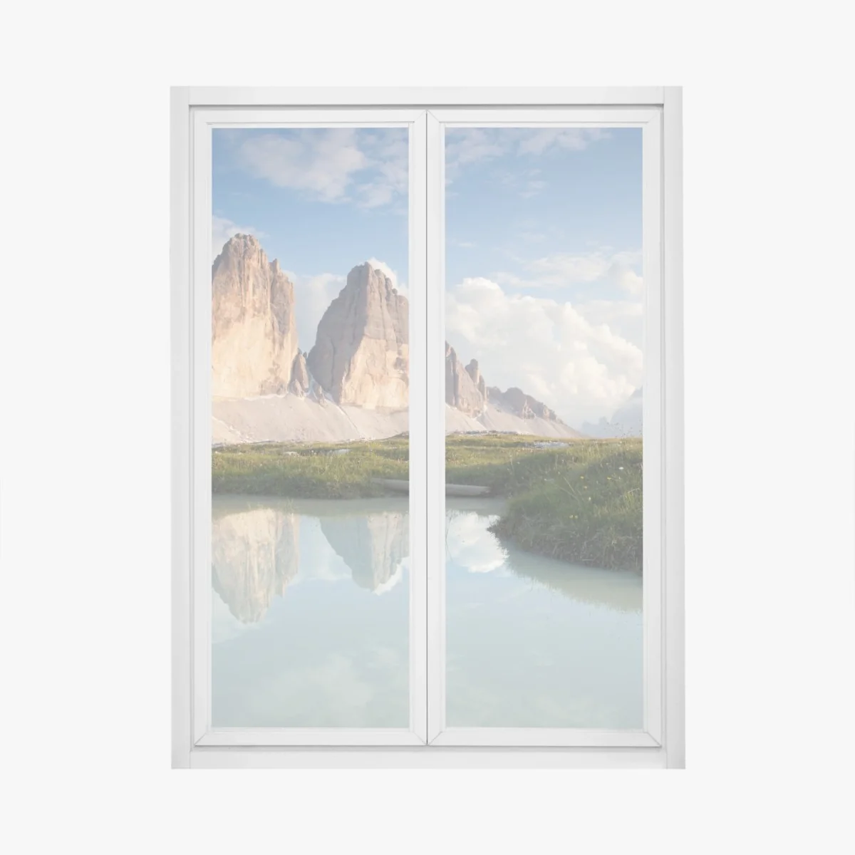 Fensteraufkleber sonnenbeschienene alpengipfel im spiegel des ruhigen sees – Wallnifity®