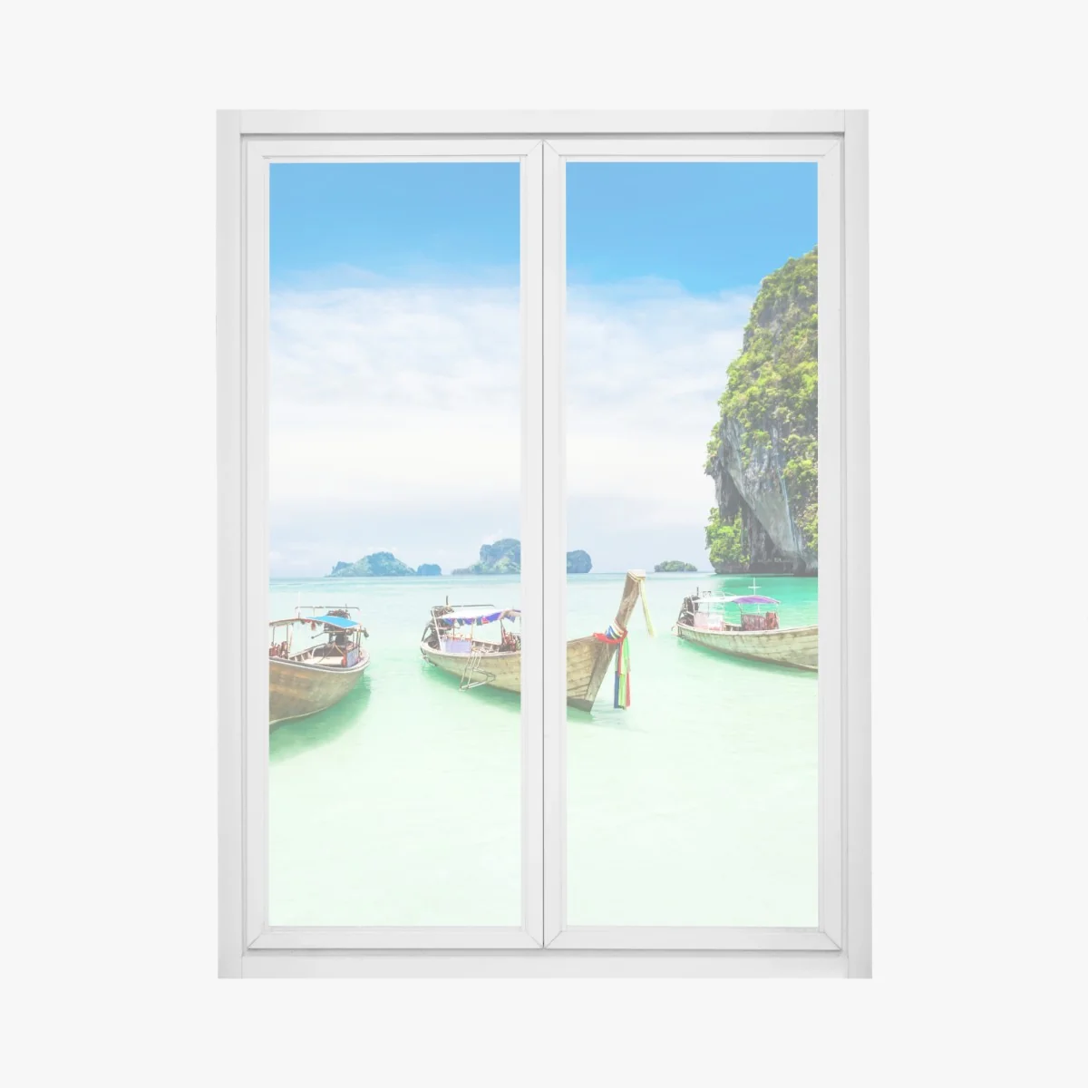 Fensteraufkleber tropische longtail-boote am türkisfarbenen strand – Wallnifity®