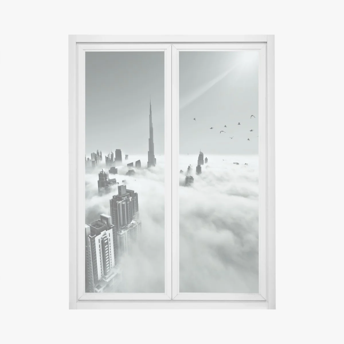 Fensteraufkleber neblige skyline von Dubai über den wolken – Wallnifity® Fensteraufkleber neblige skyline von Dubai über den wolken – Wallnifity®