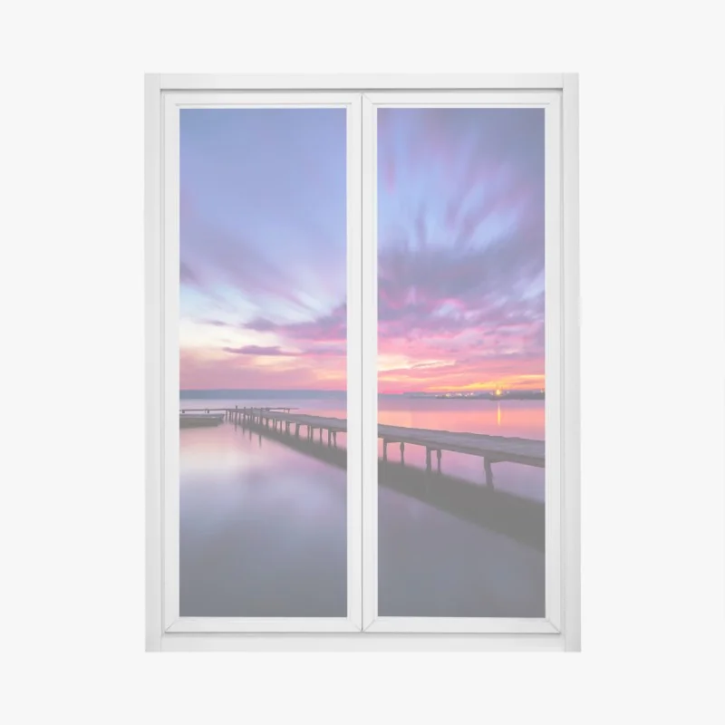 Fensteraufkleber sonnenuntergang über ruhigem see mit hölzernem steg