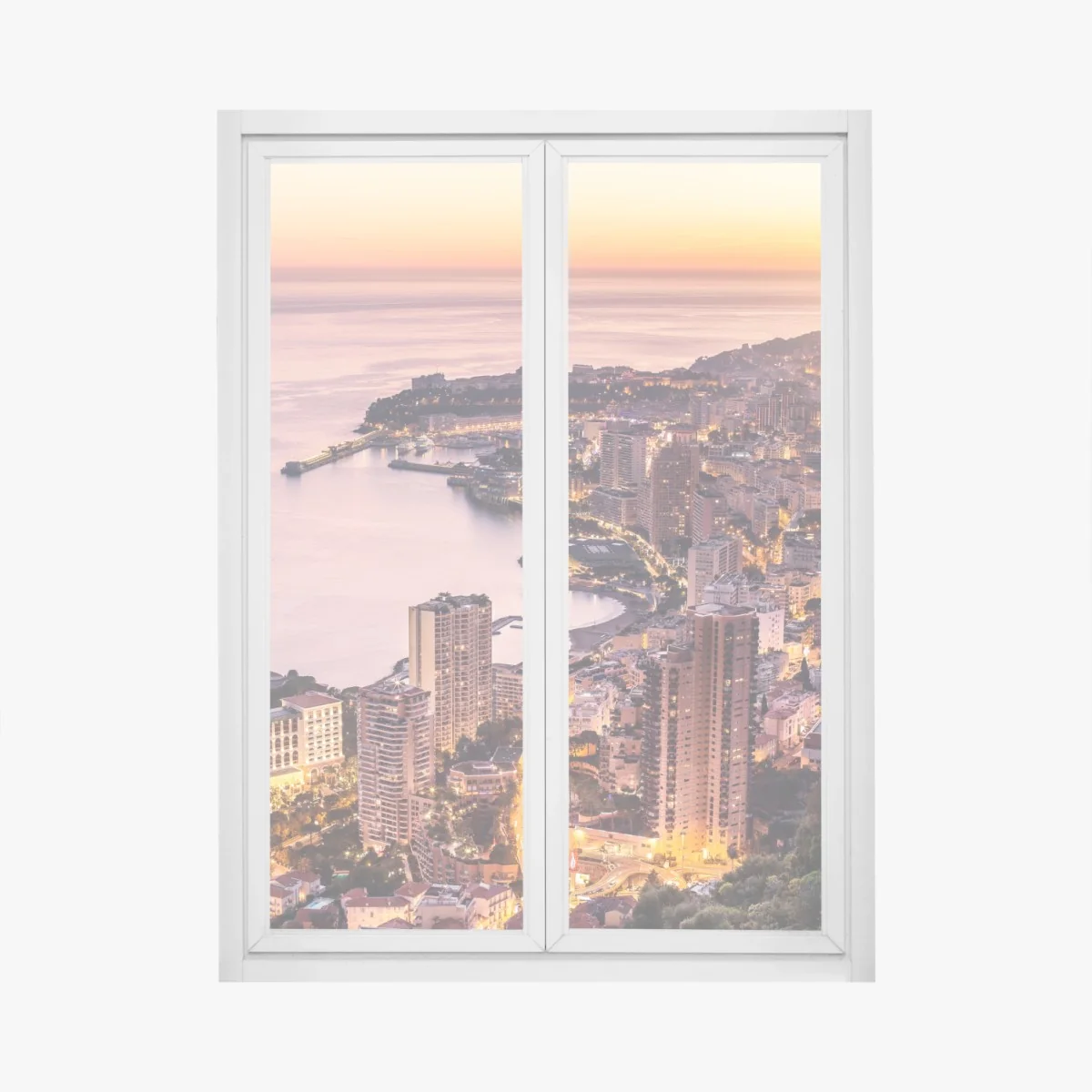 Fensteraufkleber sonnenuntergang über der städtischen küstenlinie – Wallnifity®