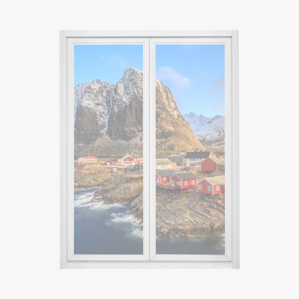 Fensteraufkleber küstendorf in Norwegen mit roten fischerhütten – Wallnifity® Fensteraufkleber küstendorf in Norwegen mit roten fischerhütten – Wallnifity®