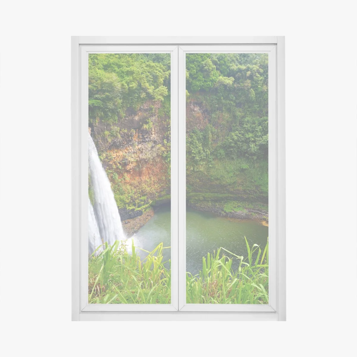 Fensteraufkleber doppelter wasserfall im üppig grünen wald – Wallnifity® Fensteraufkleber doppelter wasserfall im üppig grünen wald – Wallnifity®