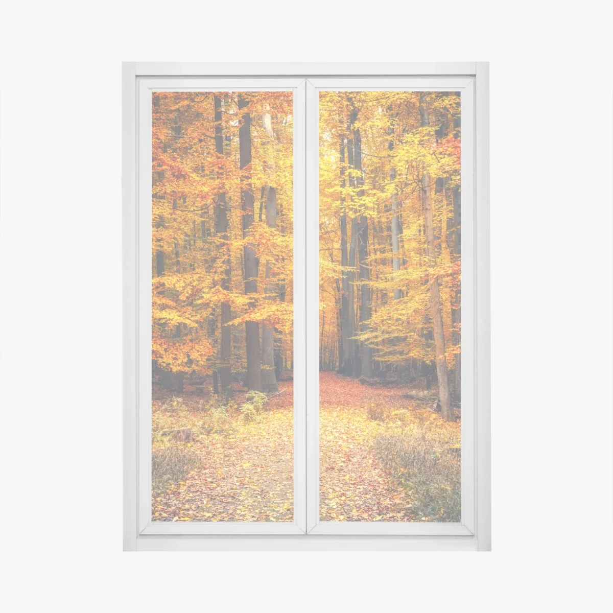 Fensteraufkleber herbstlicher waldpfad mit goldenen blättern – Wallnifity®