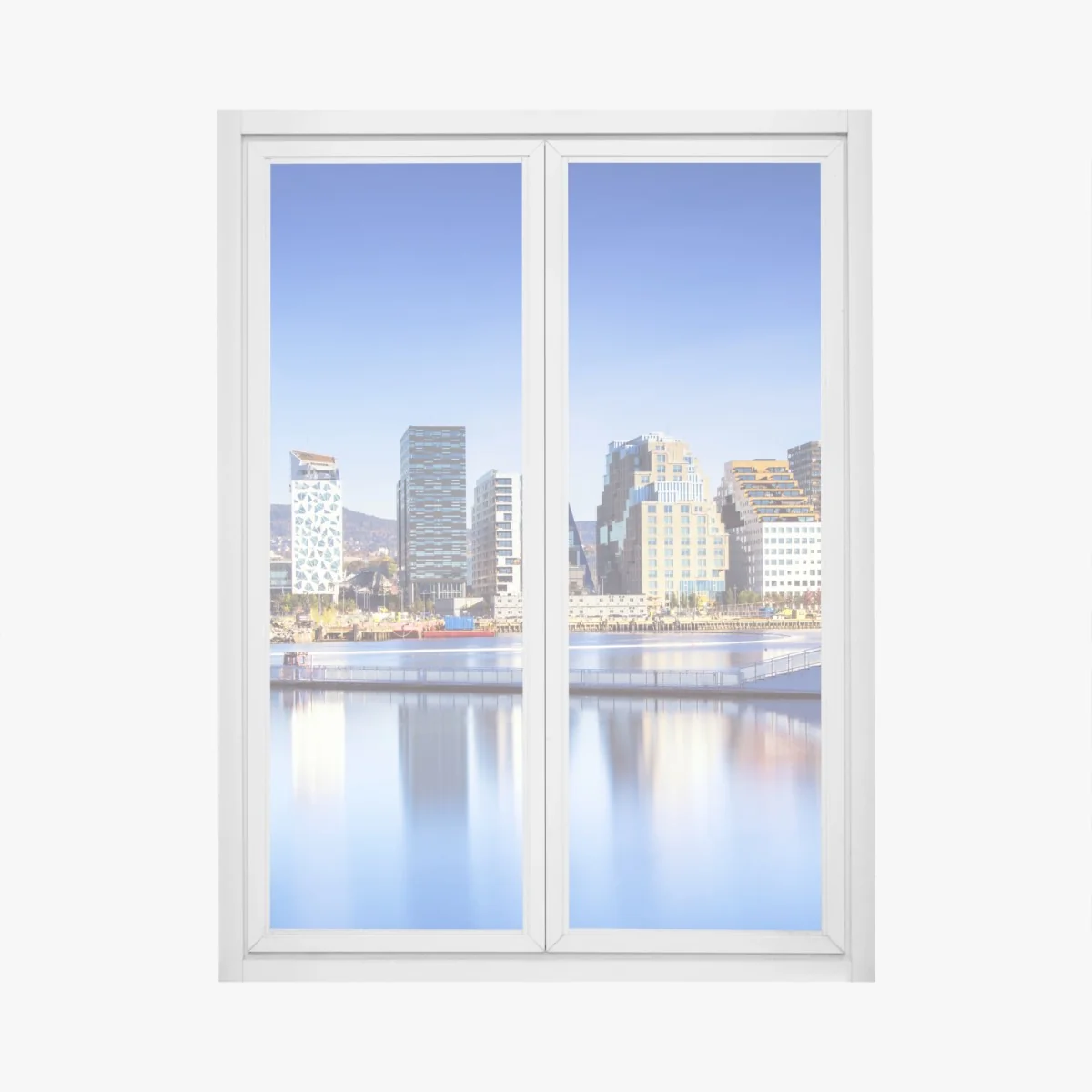 Fensteraufkleber moderne ufer skyline mit spiegelungen – Wallnifity® Fensteraufkleber moderne ufer skyline mit spiegelungen – Wallnifity®