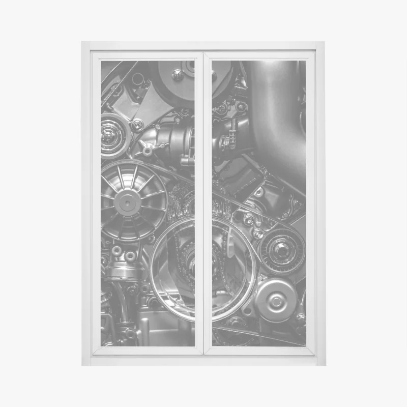 Fensteraufkleber präzise motor-nahaufnahme im industrial-stil