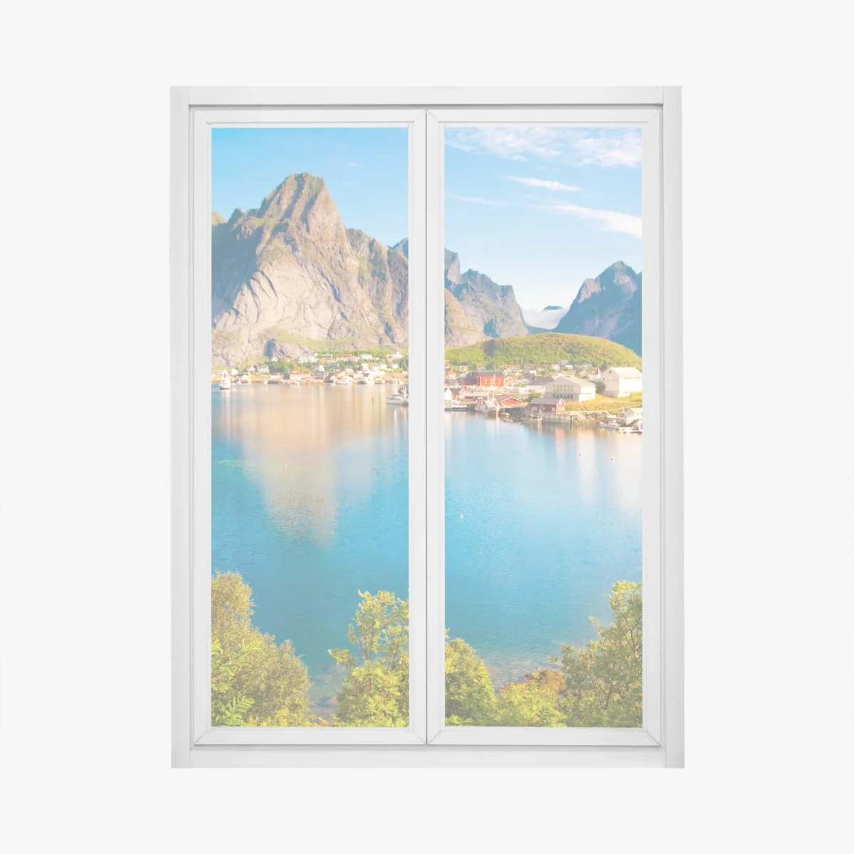 Fensteraufkleber ruhiges fjorddorf mit bergen und spiegelungen – Wallnifity® Fensteraufkleber ruhiges fjorddorf mit bergen und spiegelungen – Wallnifity®