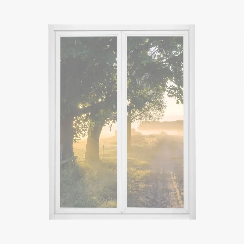 Fensteraufkleber sonnenbeschienener landweg im morgendunst