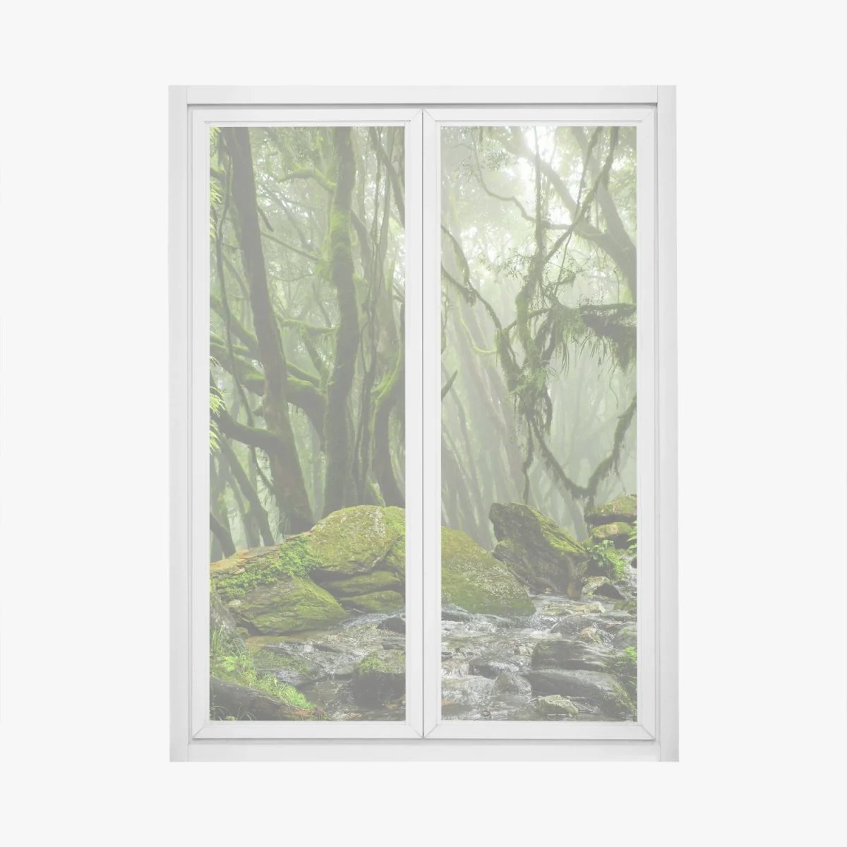 Fensteraufkleber moosiger wald mit bach im nebel – Wallnifity®