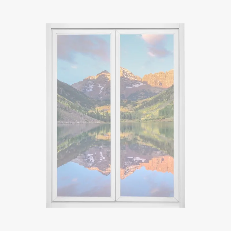 Fensteraufkleber ruhiger alpensee, der schneebedeckte gipfel und bunte herbstbäume spiegelt – Wallnifity®