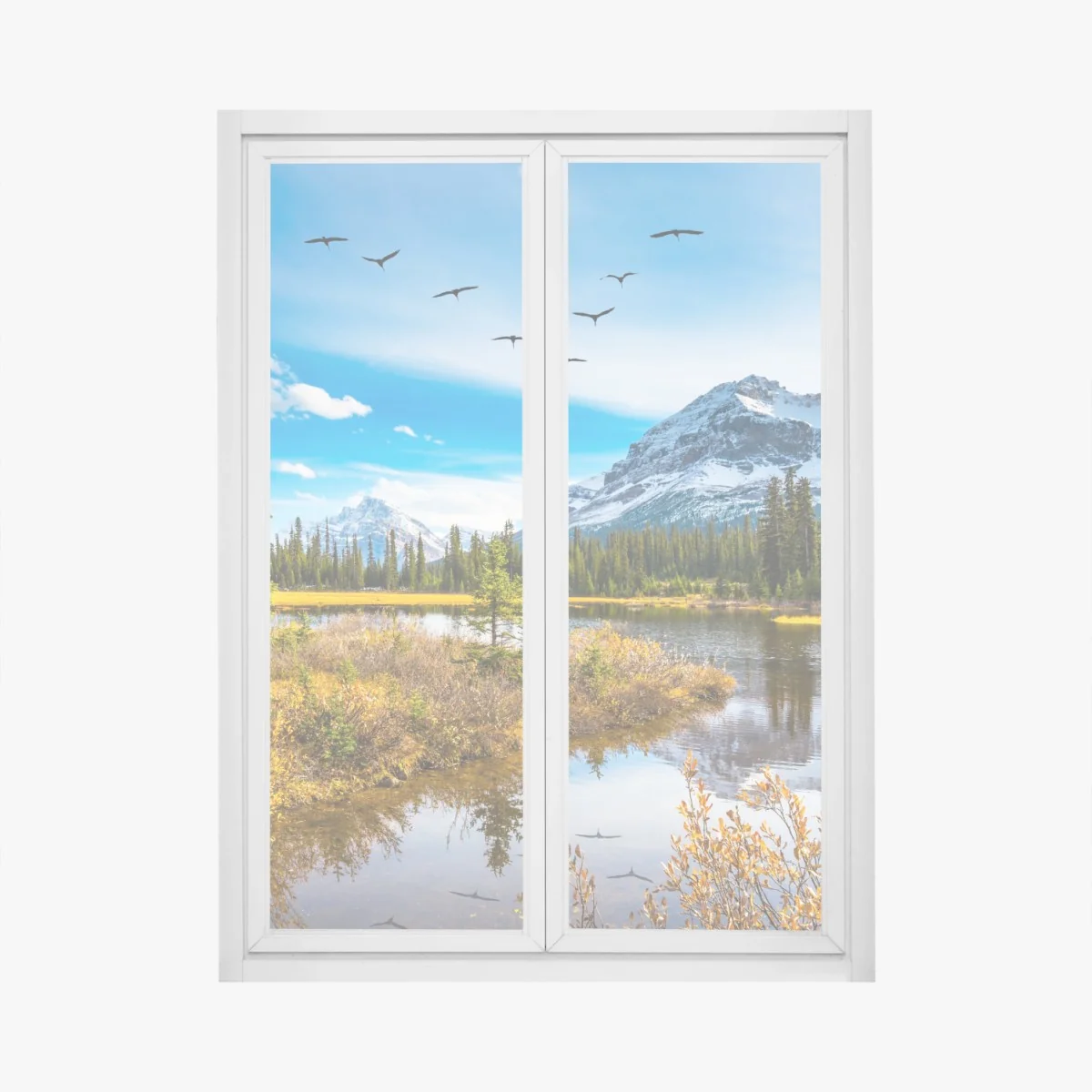 Fensteraufkleber herbstlicher bergsee mit vögeln – Wallnifity®