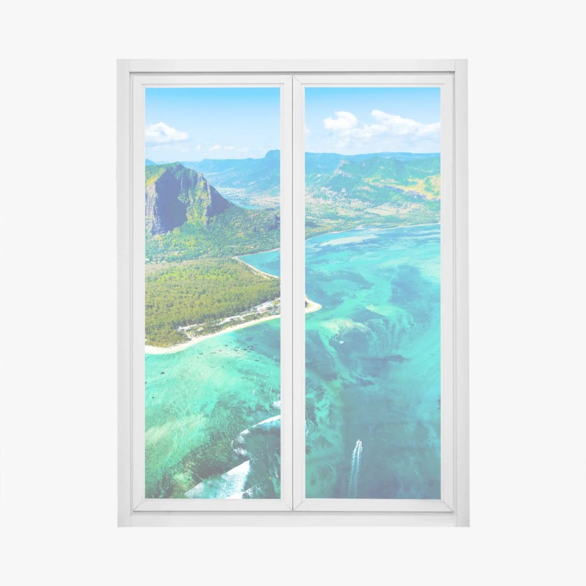 Fensteraufkleber türkisfarbene lagune aus der luft, Mauritius – Wallnifity® Fensteraufkleber türkisfarbene lagune aus der luft, Mauritius – Wallnifity®