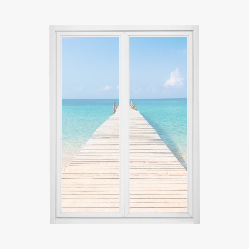 Fensteraufkleber hölzerner steg zum türkisfarbenen meer
