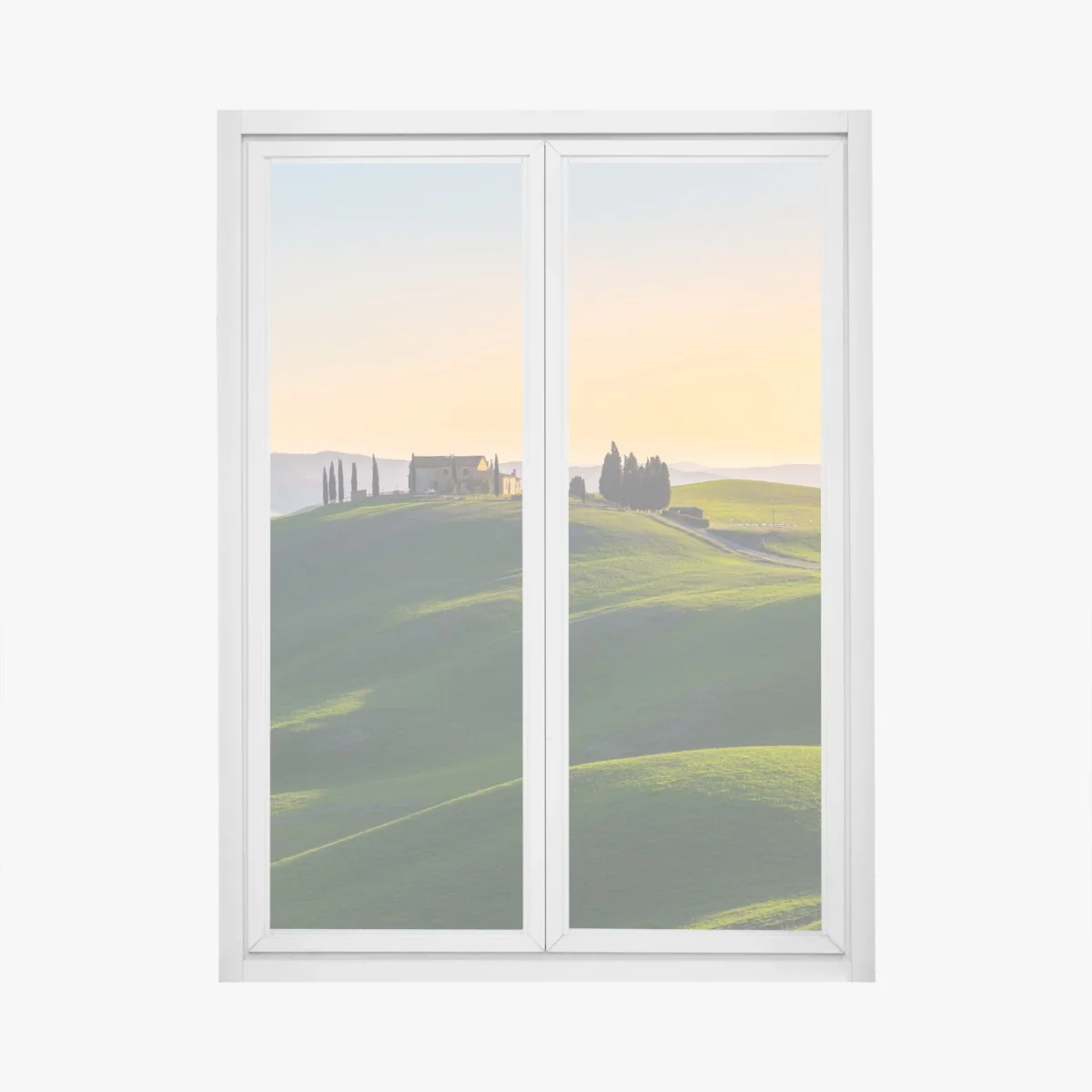 Fensteraufkleber bauernhaus auf grünen hügeln, Crete Senesi – Wallnifity®