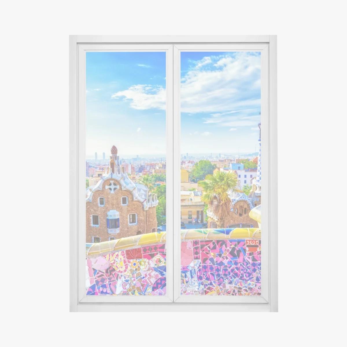 Fensteraufkleber lebendiges Barcelona Park Güell mosaik panorama – Wallnifity® Fensteraufkleber lebendiges Barcelona Park Güell mosaik panorama – Wallnifity®