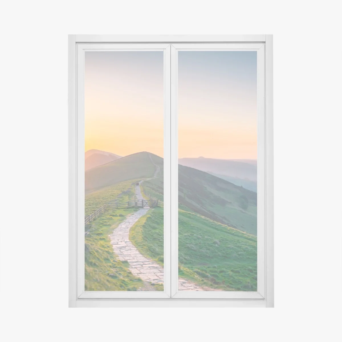 Fensteraufkleber sonnenaufgang über grünen hügeln mit steinweg – Wallnifity® Fensteraufkleber sonnenaufgang über grünen hügeln mit steinweg – Wallnifity®