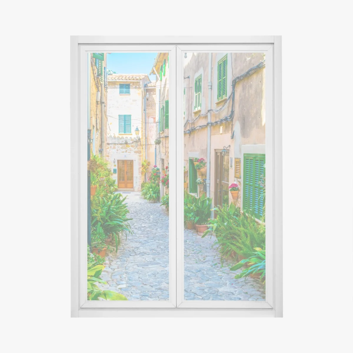 Fensteraufkleber sonnige gasse mit grünen fensterläden – Wallnifity® Fensteraufkleber sonnige gasse mit grünen fensterläden – Wallnifity®