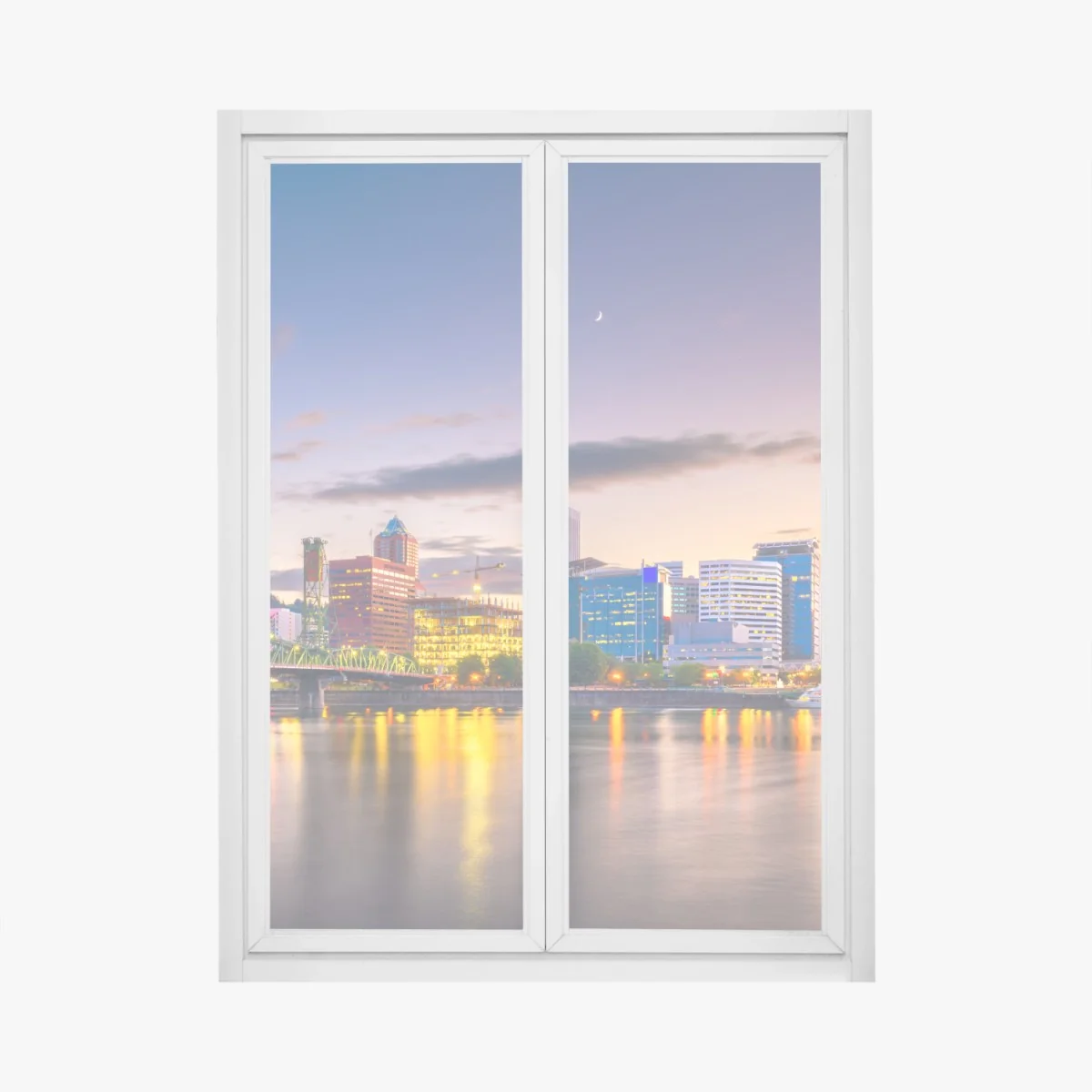 Fensteraufkleber Portland skyline in der dämmerung über dem Willamette – Wallnifity® Fensteraufkleber Portland skyline in der dämmerung über dem Willamette – Wallnifity®