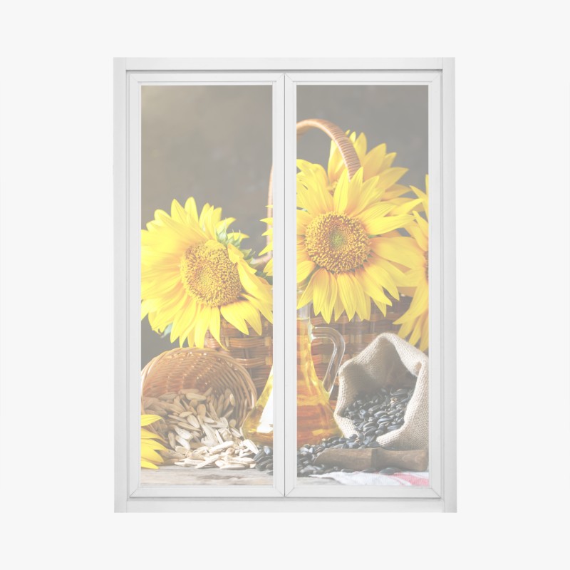 Fensteraufkleber leuchtendes stillleben mit sonnenblumen, kernen und öl