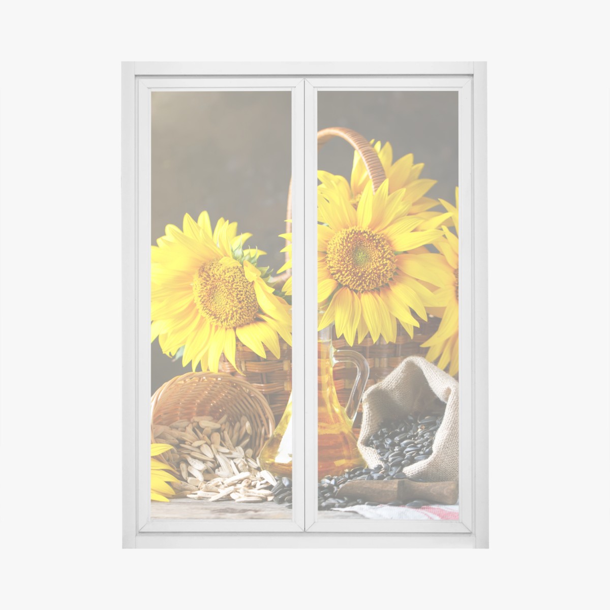 Fensteraufkleber leuchtendes stillleben mit sonnenblumen, kernen und öl – Wallnifity®
