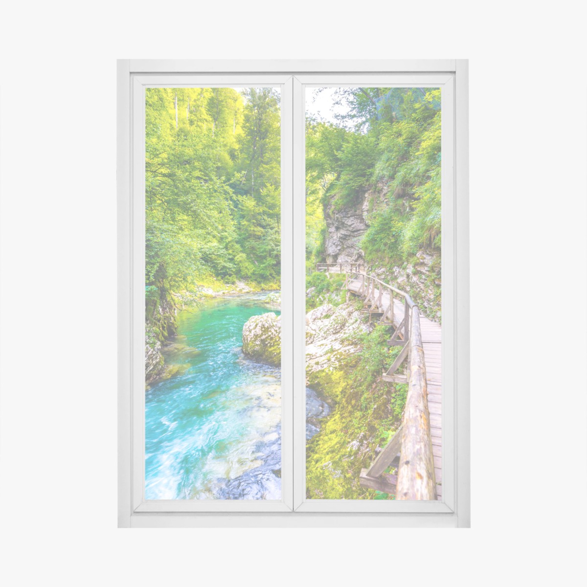 Fensteraufkleber türkisfarbener fluss und holzsteg im wald – Wallnifity®