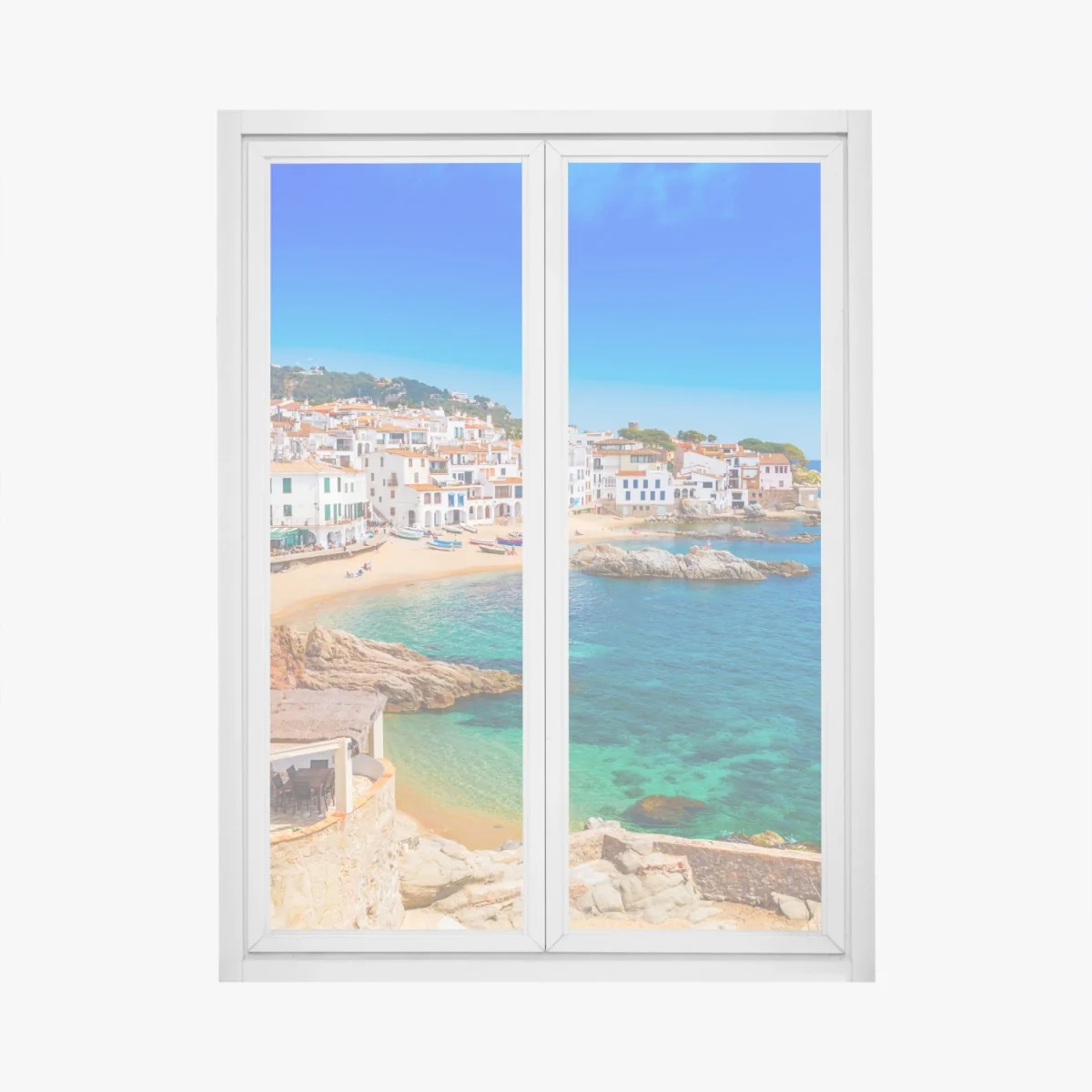 Fensteraufkleber sonniges mediterranes küstendorf – Wallnifity® Fensteraufkleber sonniges mediterranes küstendorf – Wallnifity®