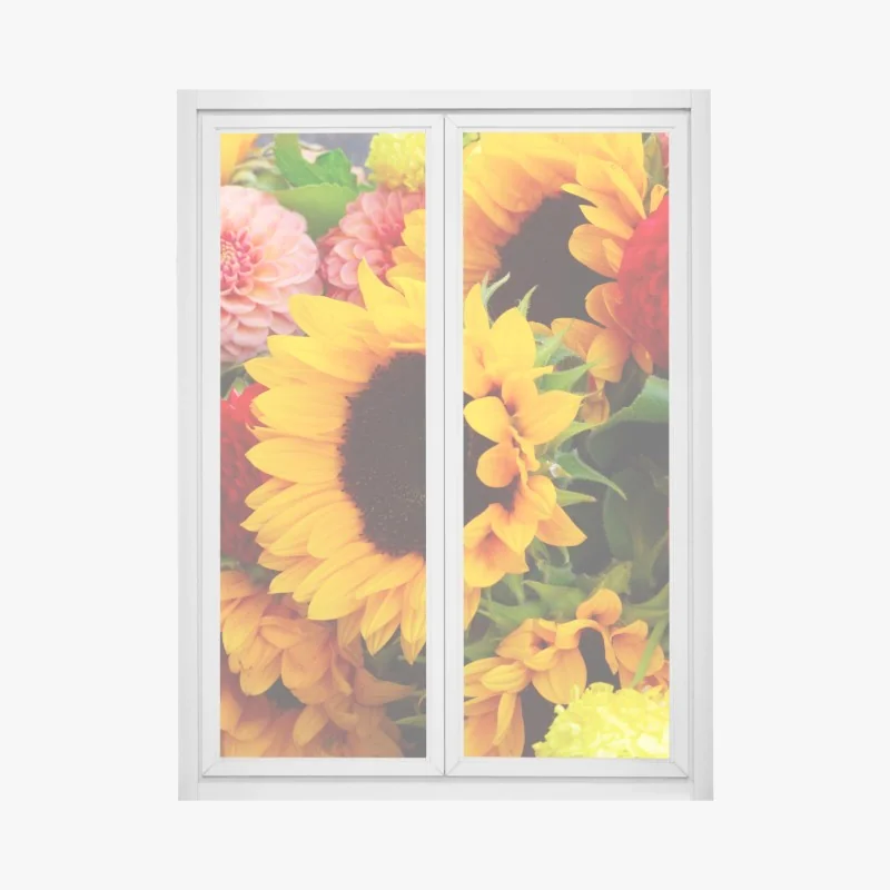 Fensteraufkleber nahaufnahme sonnenblumen- und dahlienstrauß